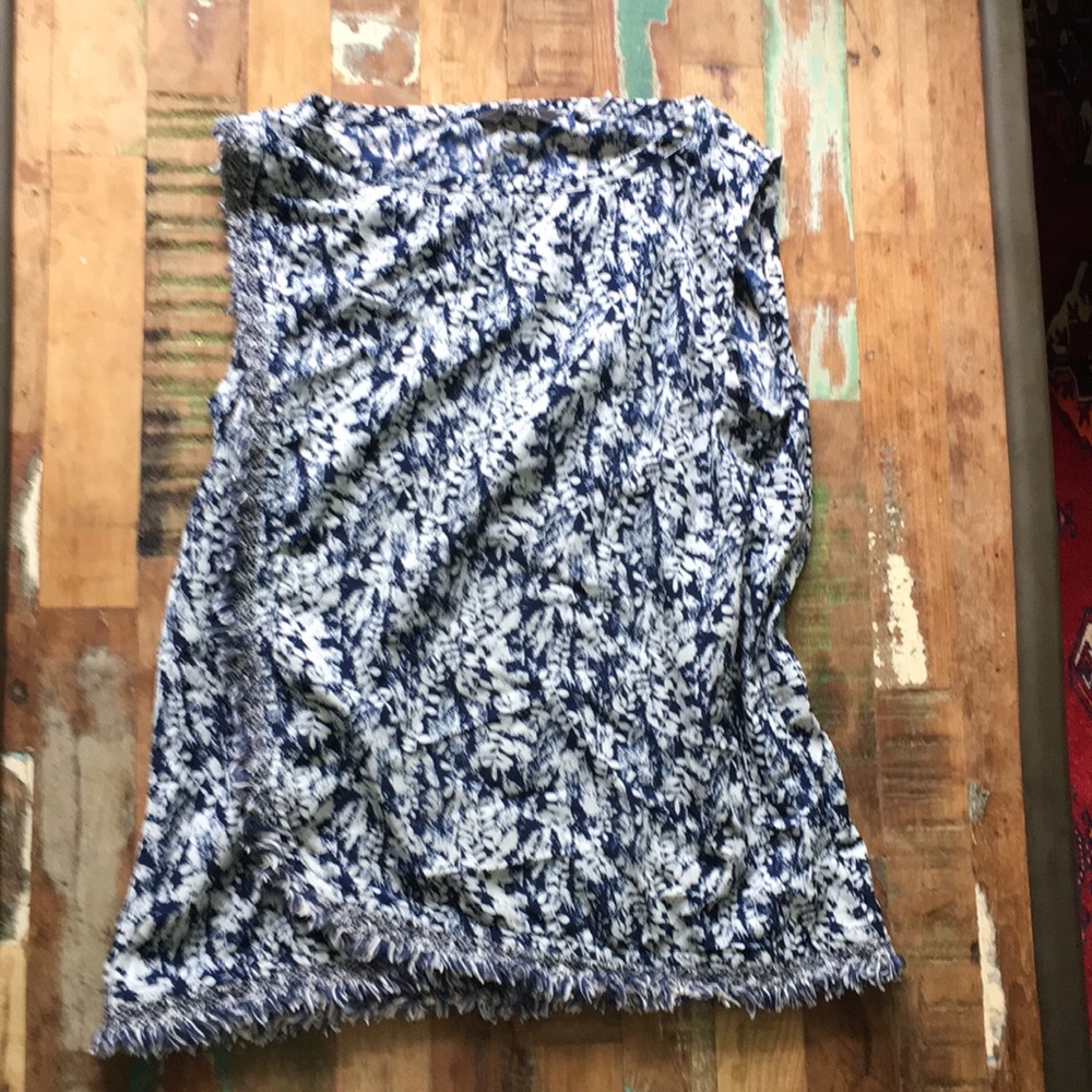 ZOA New York Navy and White Floral Top with Fringe